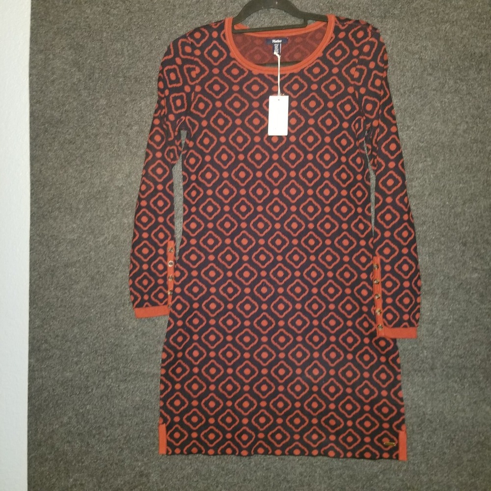 NEW Hatley Abigail Retro Deco Dots Long Sleeve Sweater Dress Orange Blue Small
